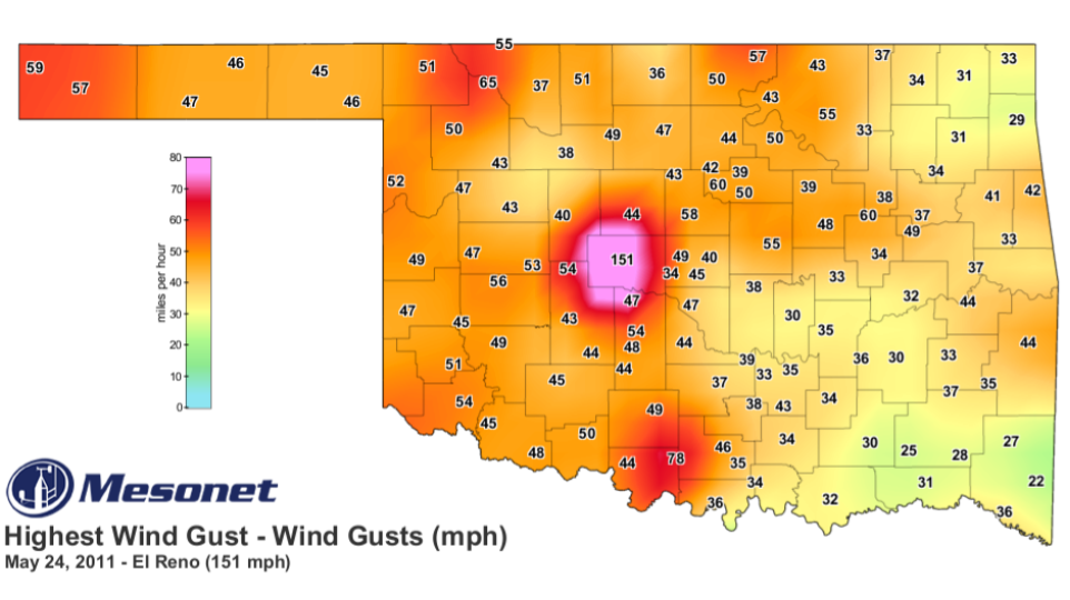 Map of Oklahoma Mesonet highest wind gusts by county